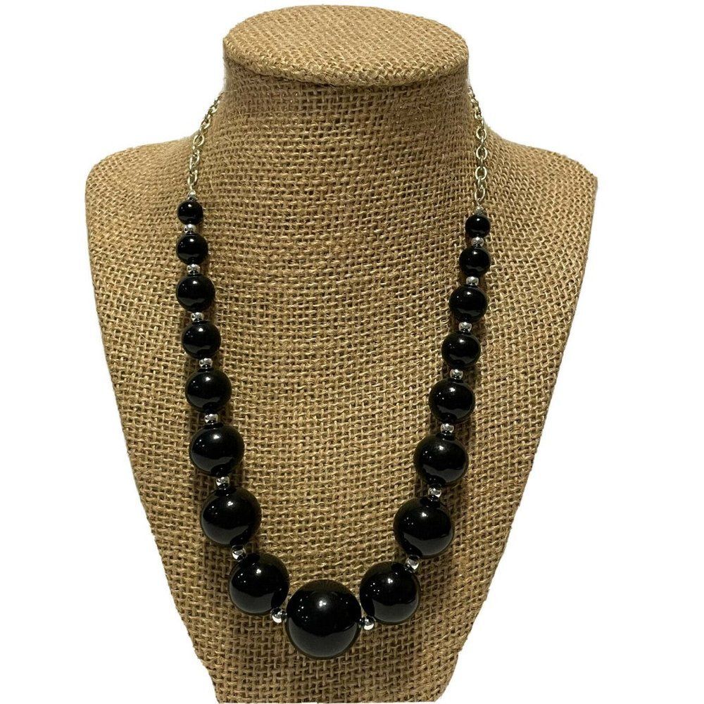 silver tone black granduating round ball bead necklace 15” choker